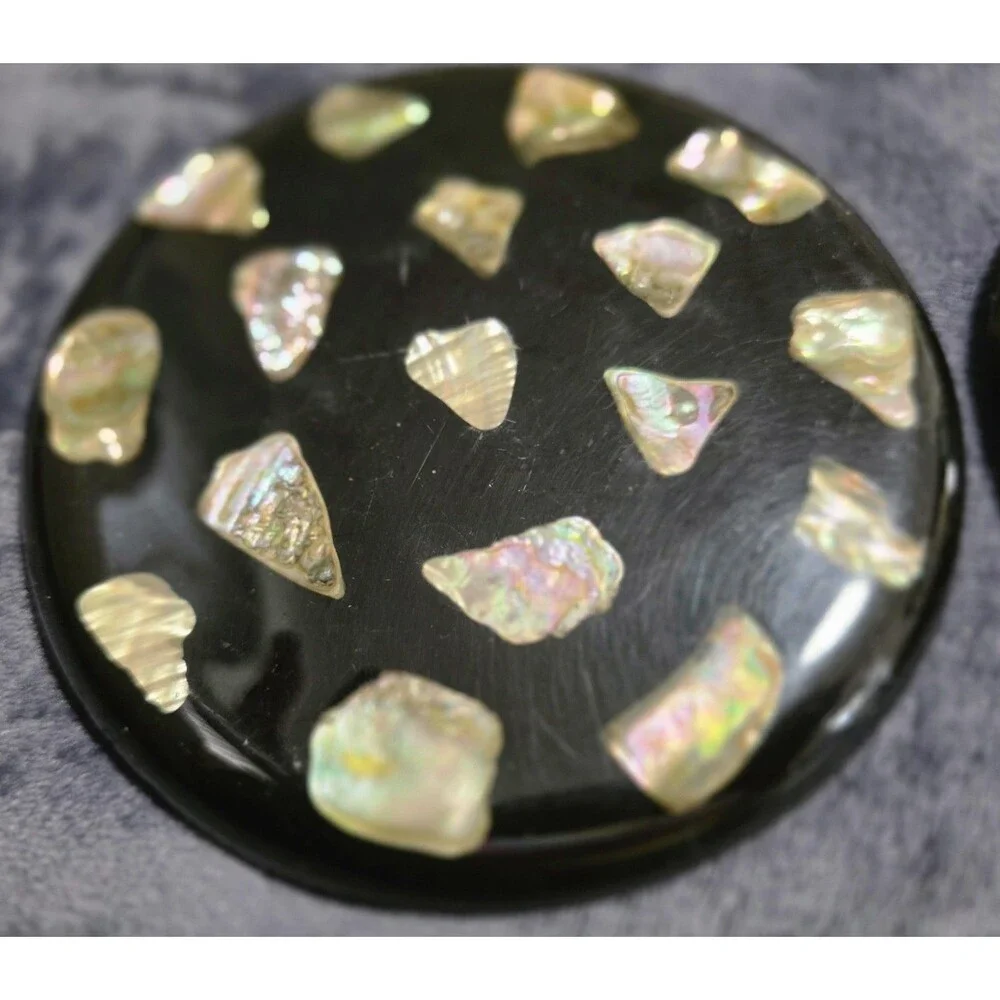 (2) VINTAGE Black Iridescent ABALONE Shell Lucite TRIVET Hot Plate Footed 5